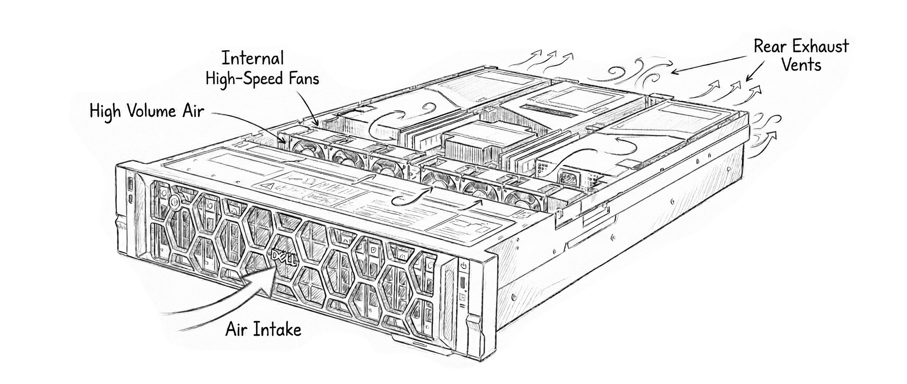 Line drawing showing constrained airflow path in a rackmount server